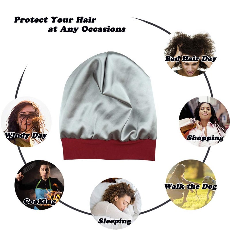 FocusCare Soft Sleep Cap Protect Hair Bonnet Gifts for Daughter Night Headwear Burgundy - Image 2